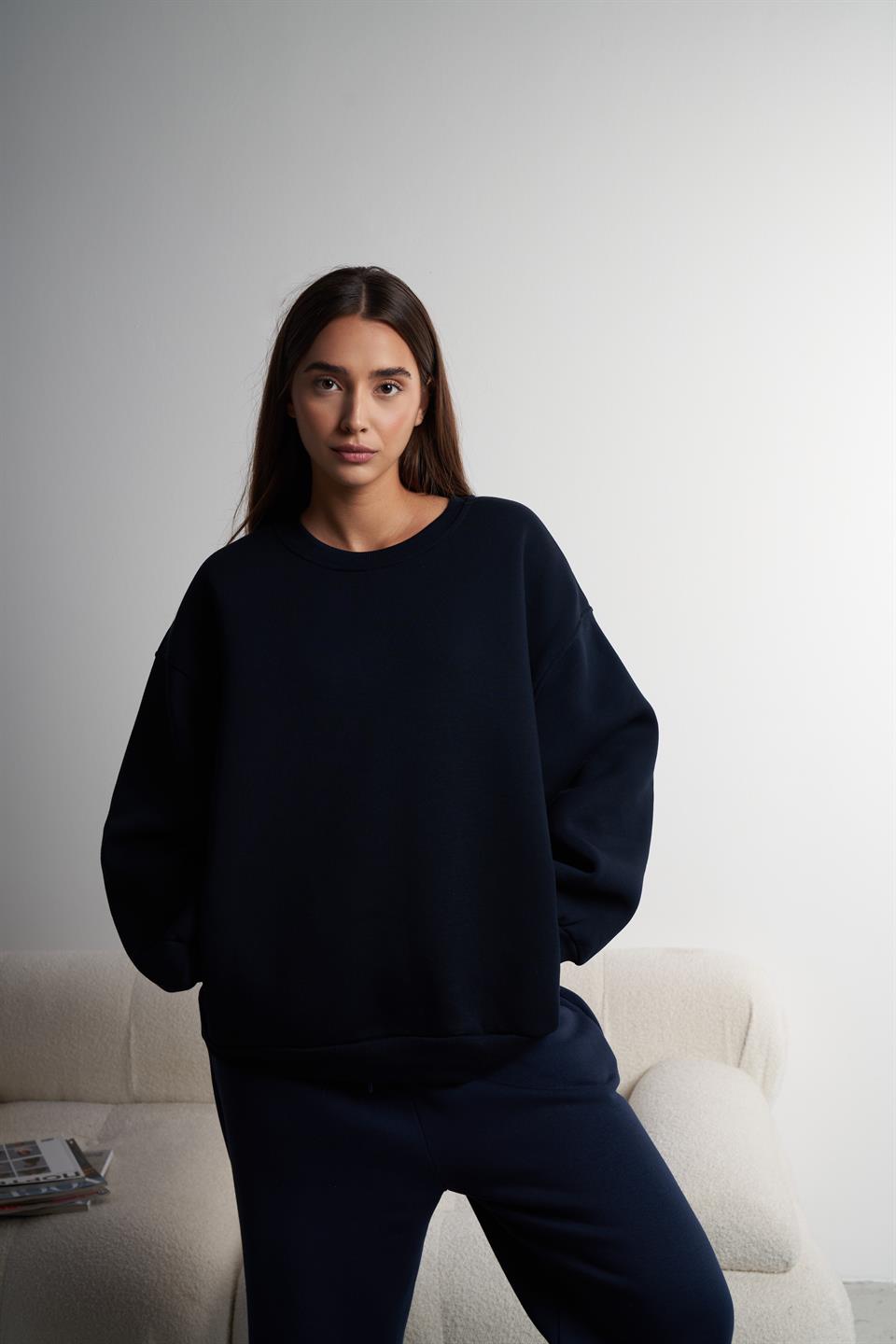 Basic Şardonlu Oversize Sweatshirt Lacivert