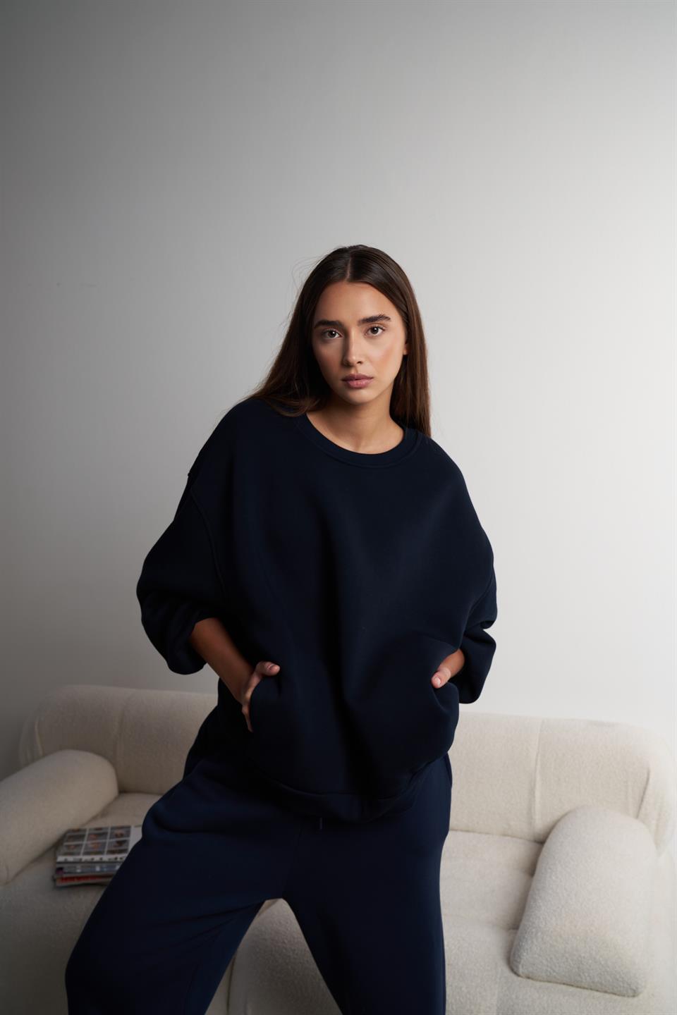 Basic Şardonlu Oversize Sweatshirt Lacivert