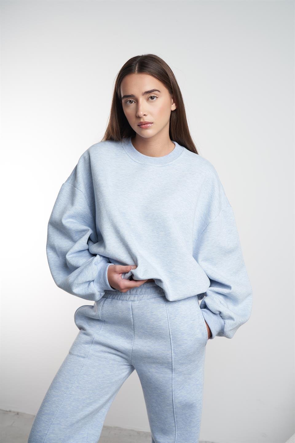 Basic Şardonlu Sweatshirt Mavimelanj