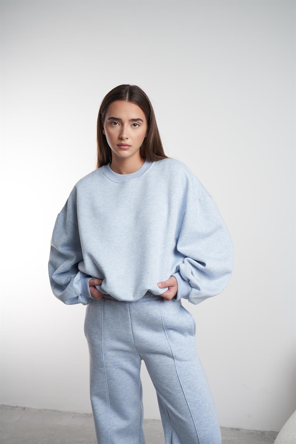 Basic Şardonlu Sweatshirt Mavimelanj