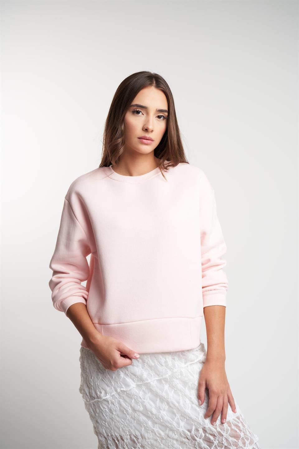 Basic Şardonlu Sweatshirt Toz Pembe