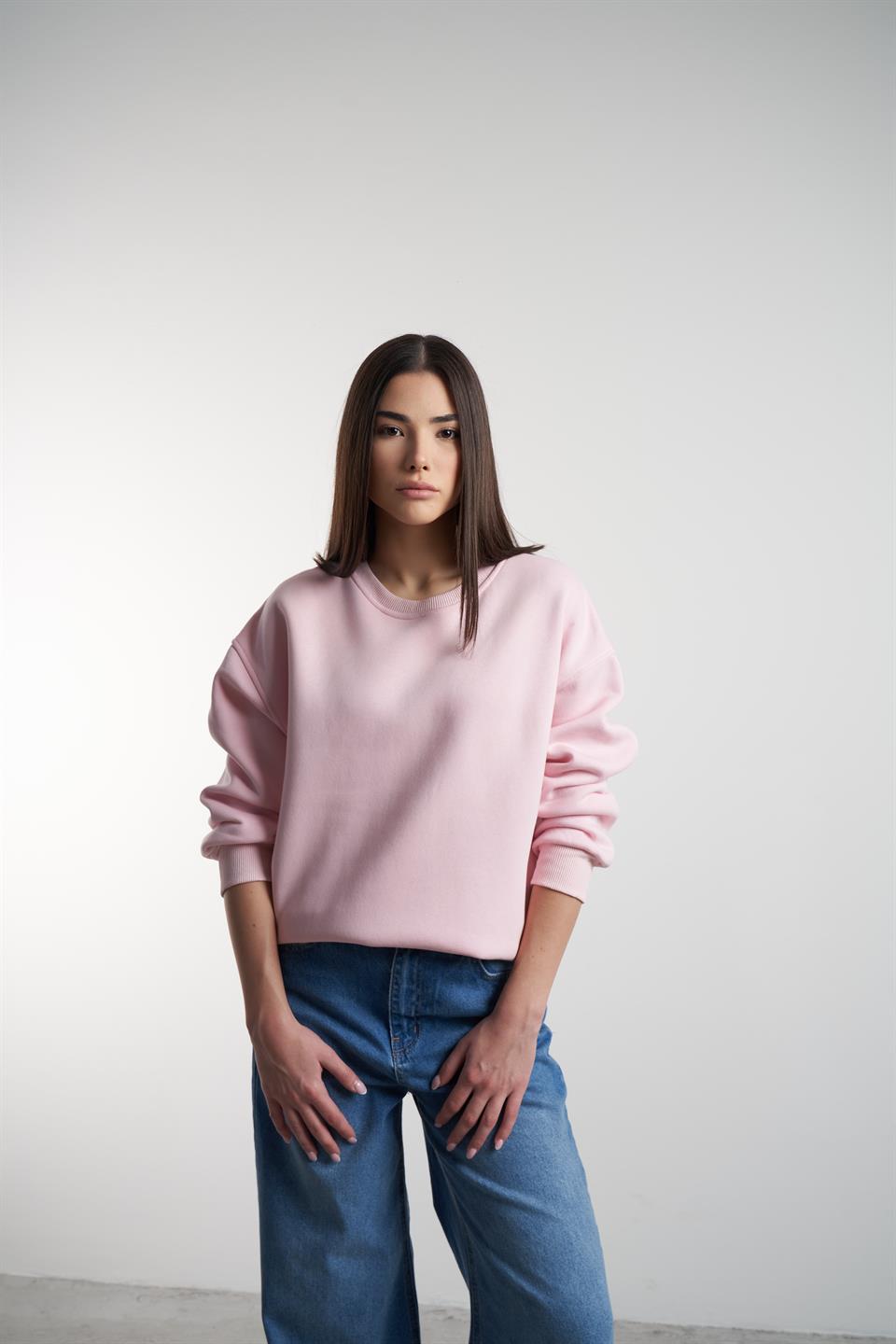 Basic Şardonlu Sweatshirt Toz Pembe