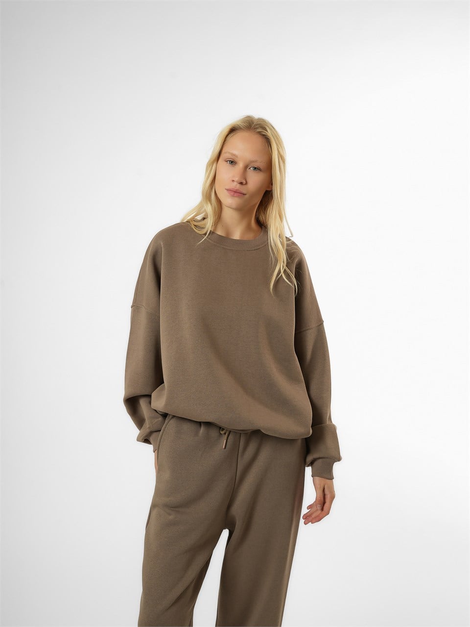 Basic Şardonlu Sweatshirt Vizon