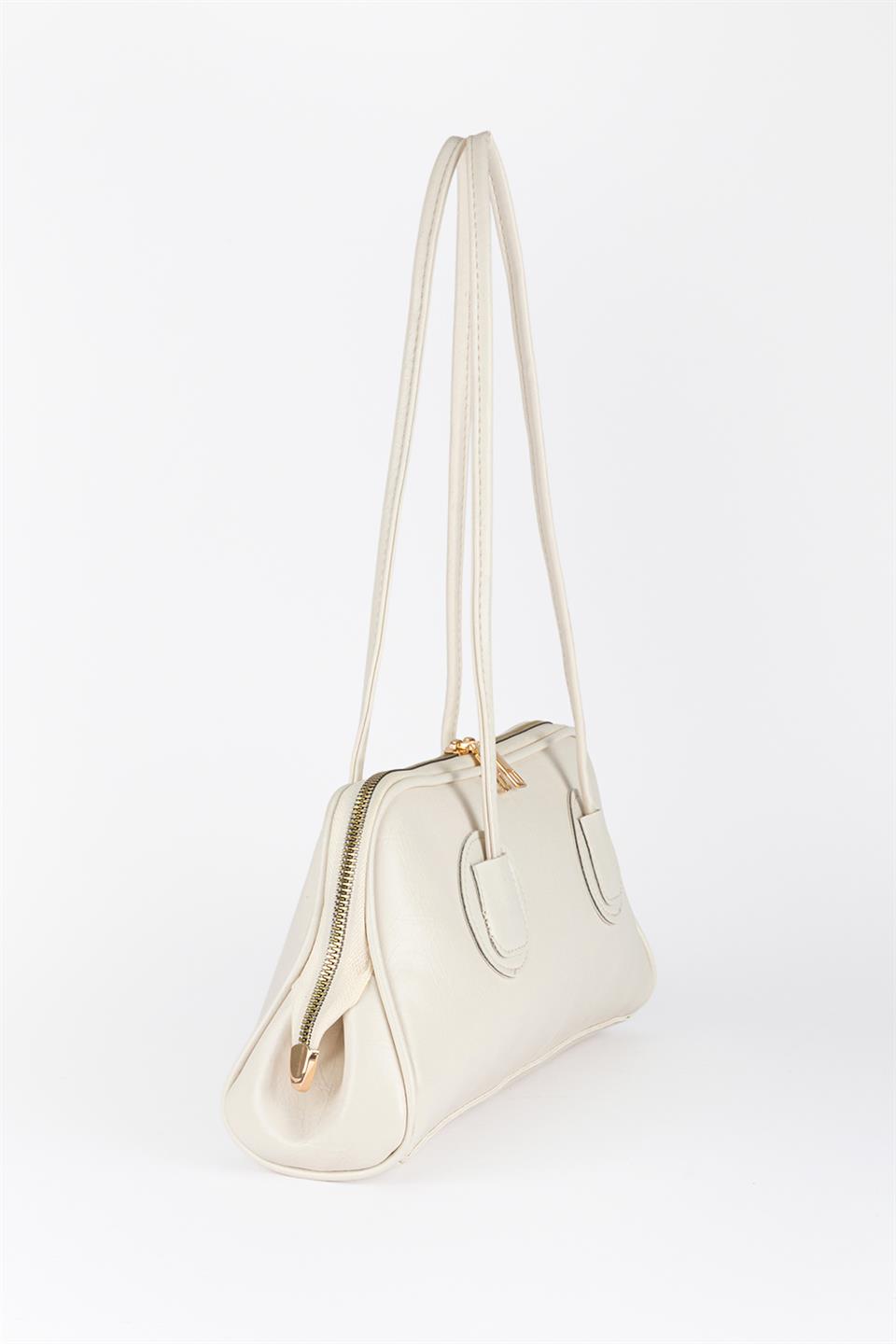 Basic Suni Deri Baget Çanta Ekru