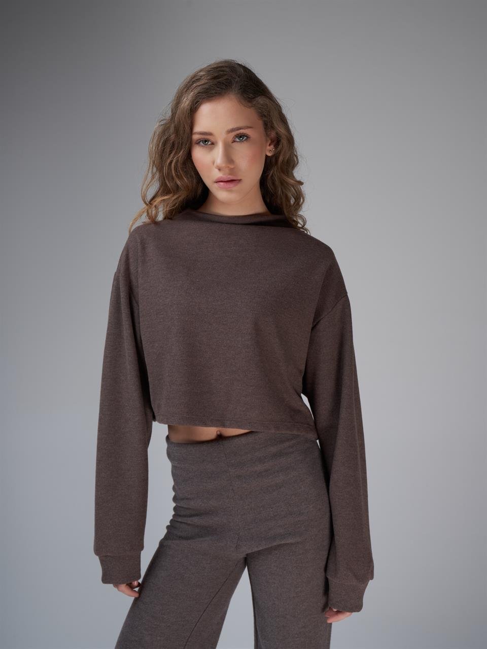 Basic Triko Sweatshirt Kahve Melanj