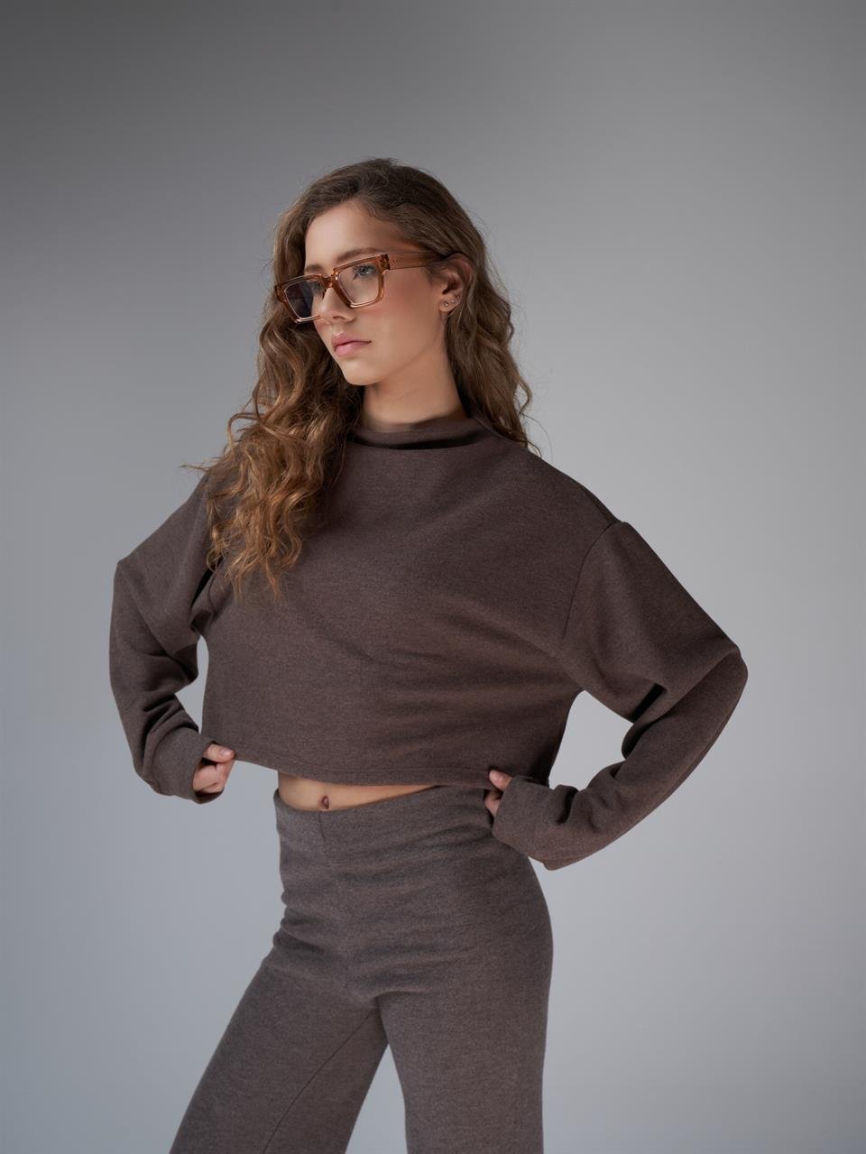 Basic Triko Sweatshirt Kahve Melanj