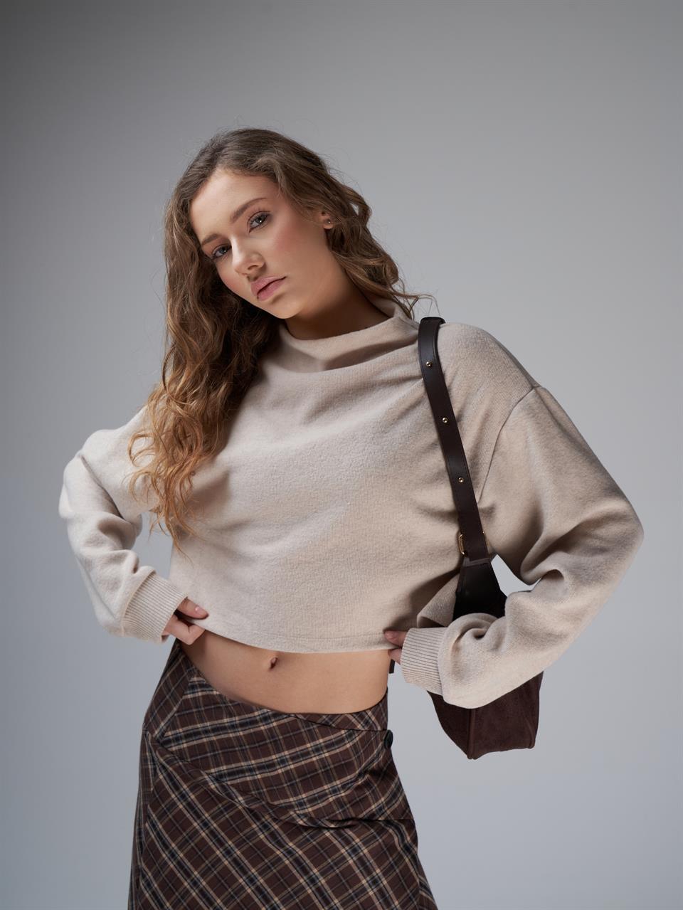 Basic Triko Sweatshirt Taş Melanj