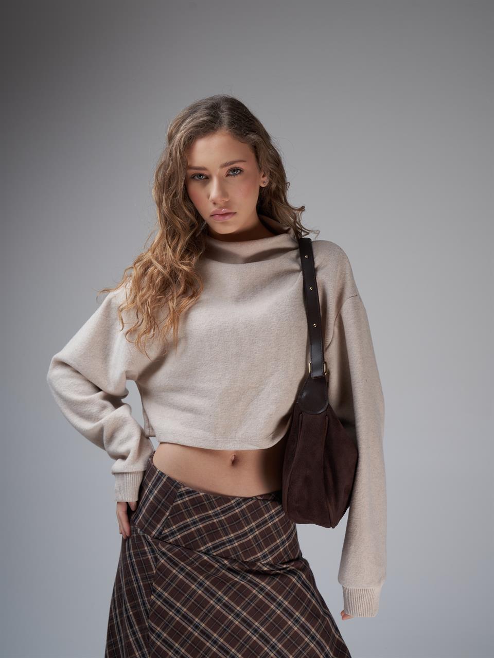 Basic Triko Sweatshirt Taş Melanj