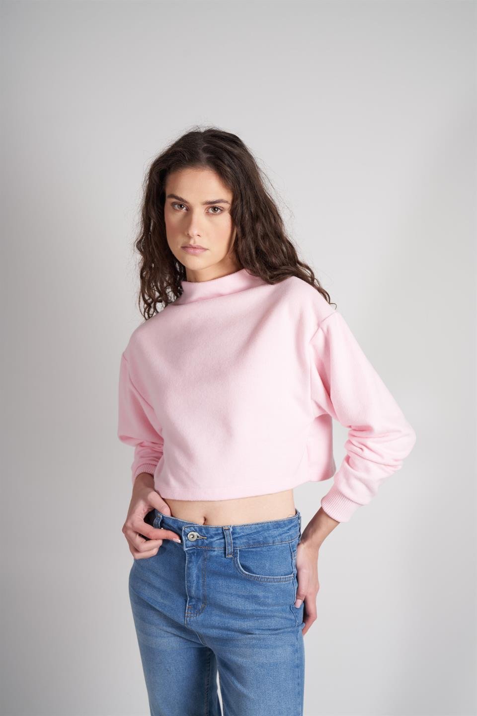 Basic Triko Sweatshirt Toz Pembe