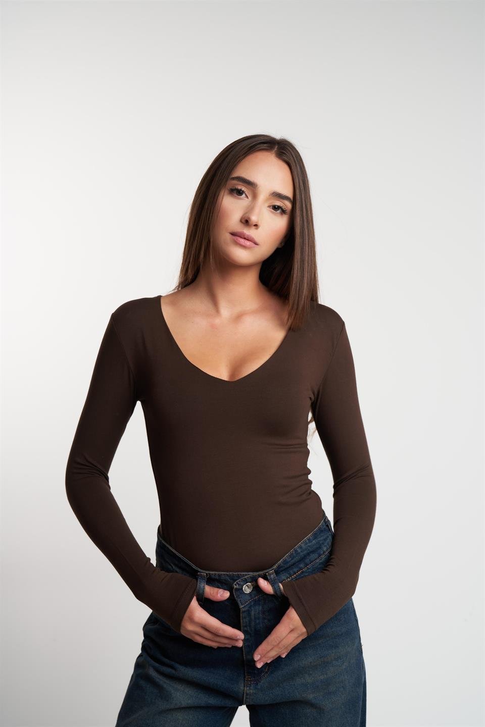Basic Uzun Kol Bluz Kahve