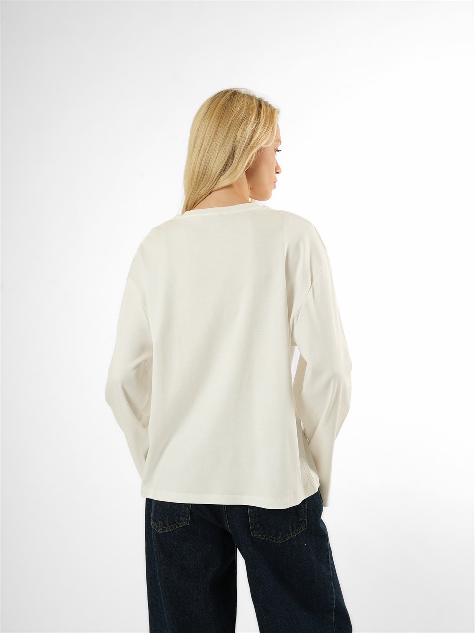 Basic Uzun Kol T-shirt Ekru