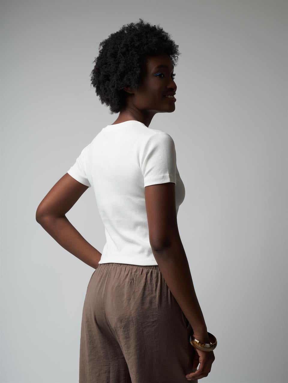 Baskılı Kısa Kol Bluz Ekru