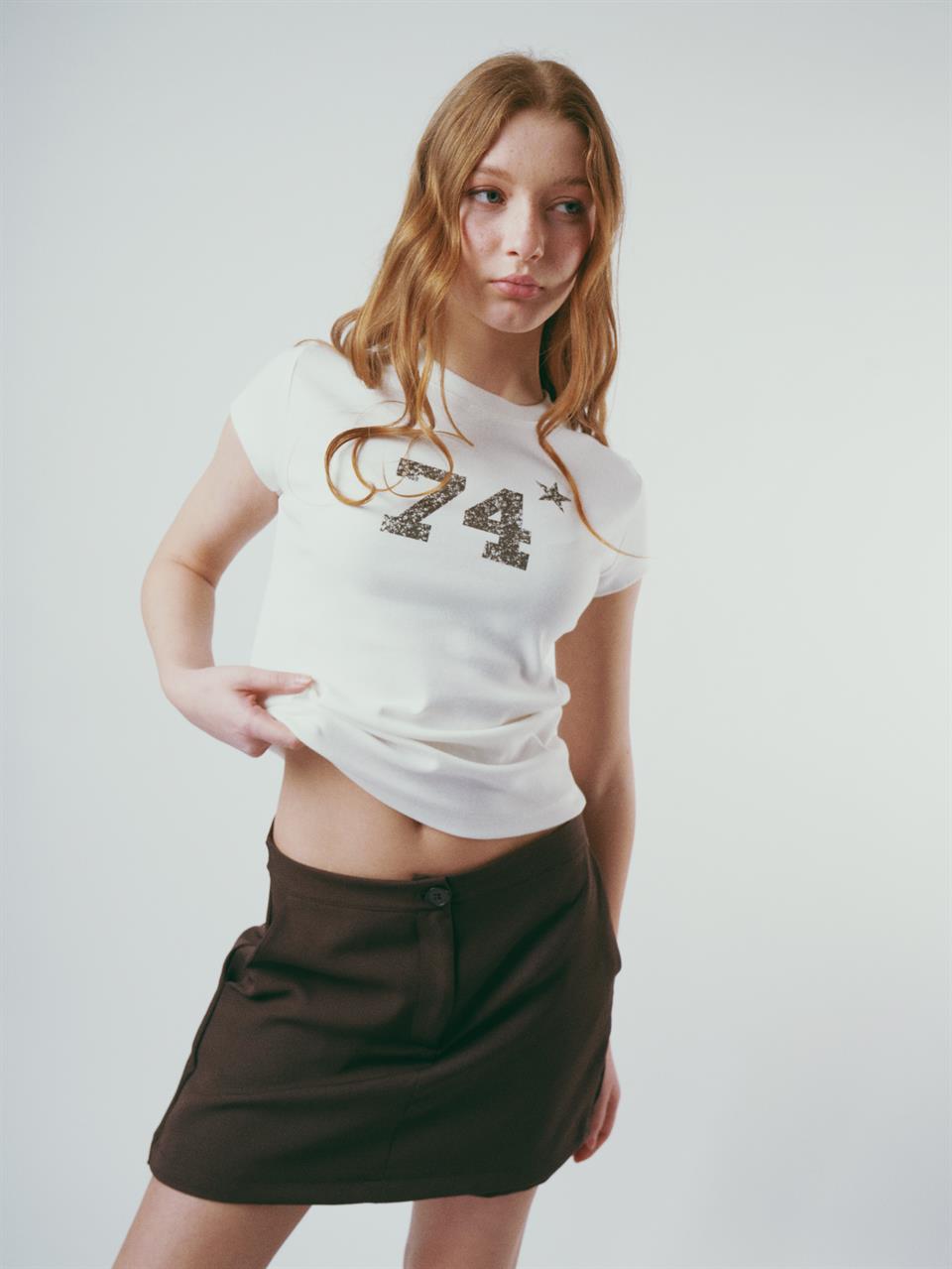 Baskılı Kısa Kol Bluz Ekru