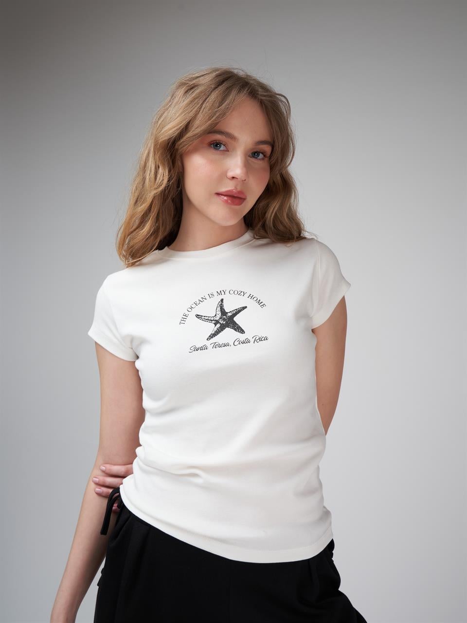 Baskılı Kısa Kol Bluz Ekru