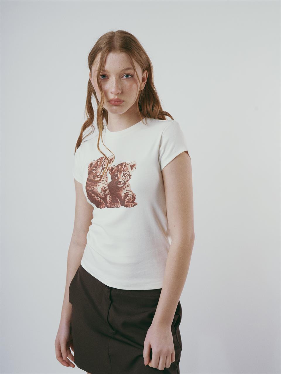 Baskılı Kısa Kol Bluz Ekru