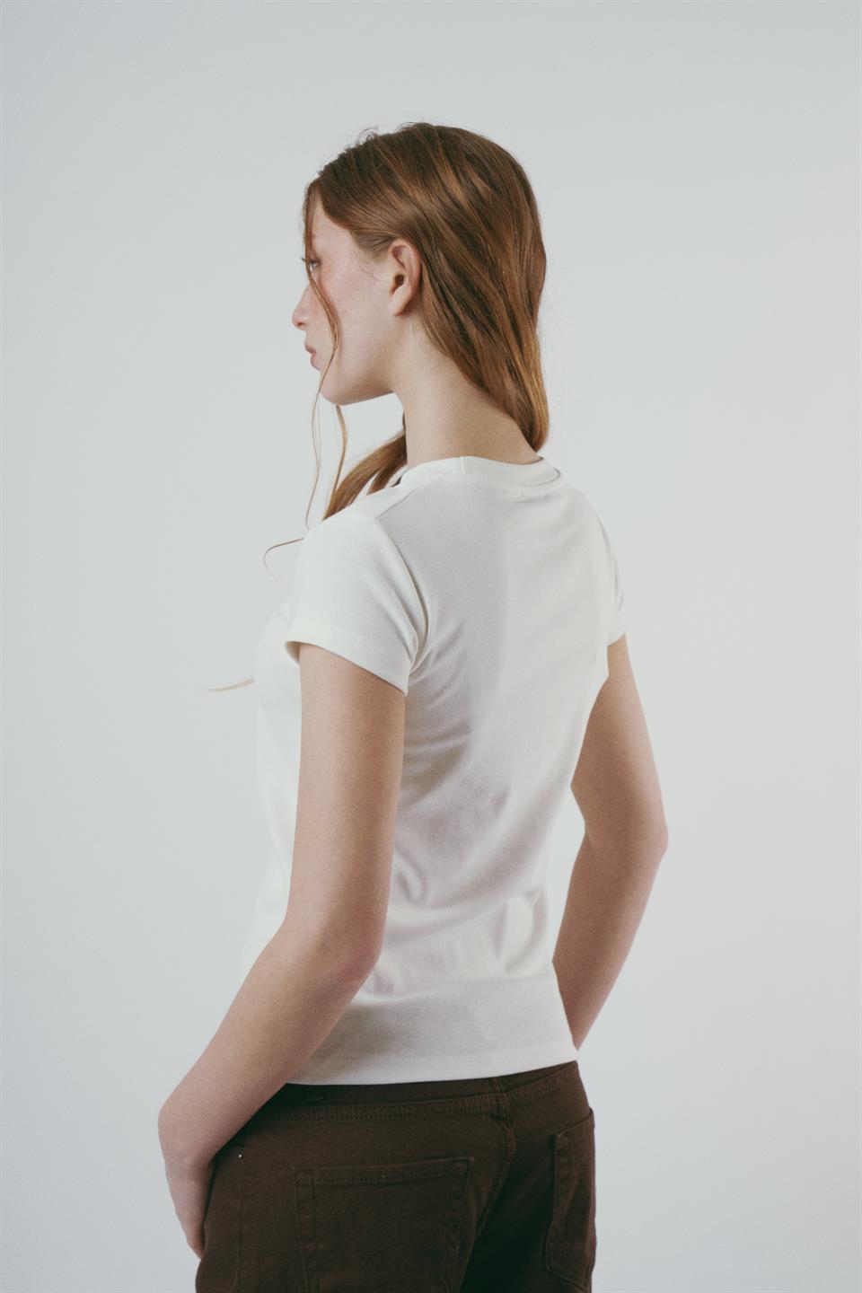 Baskılı Kısa Kol Bluz Ekru