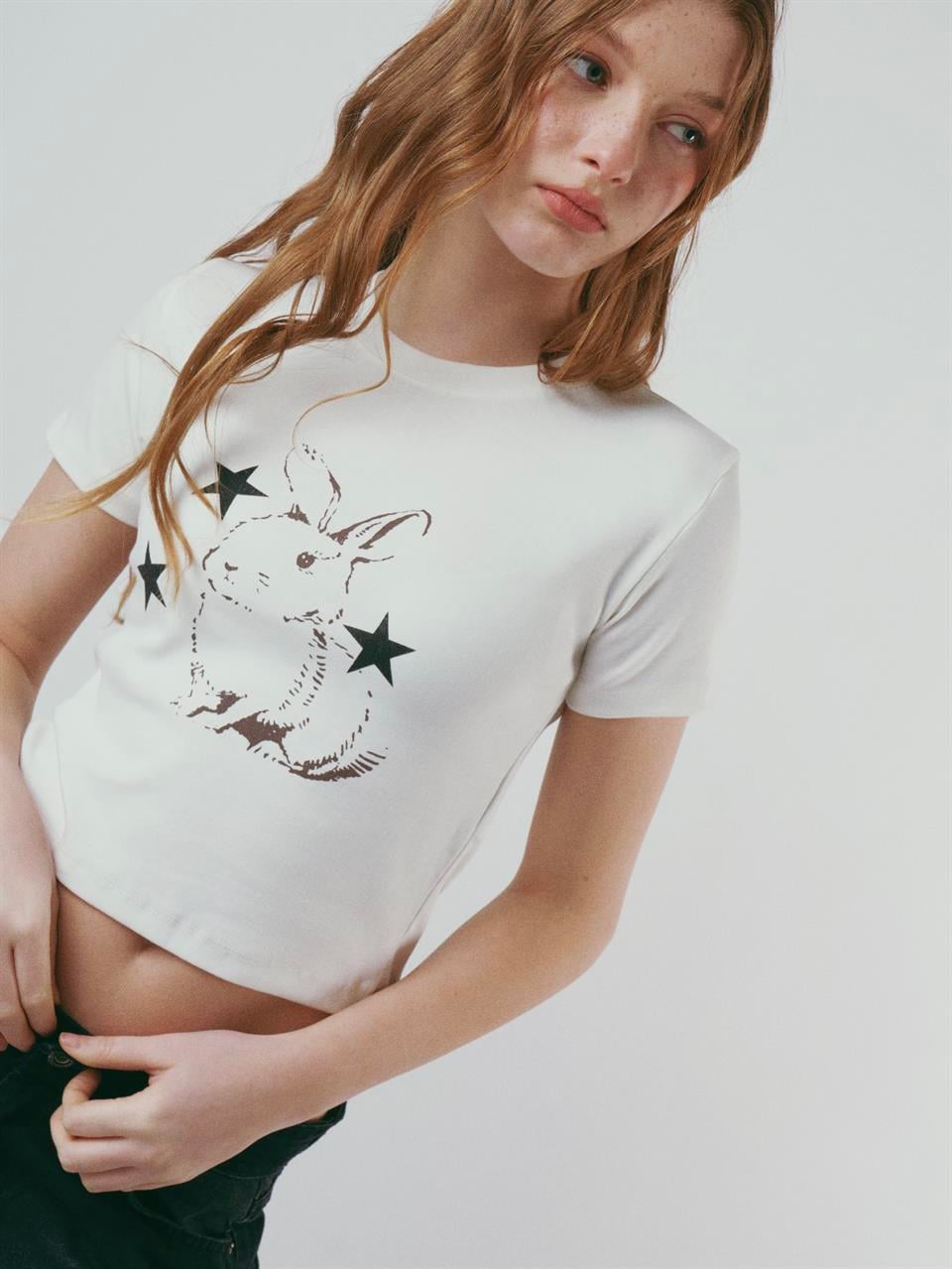 Baskılı Kısa Kol Bluz Ekru