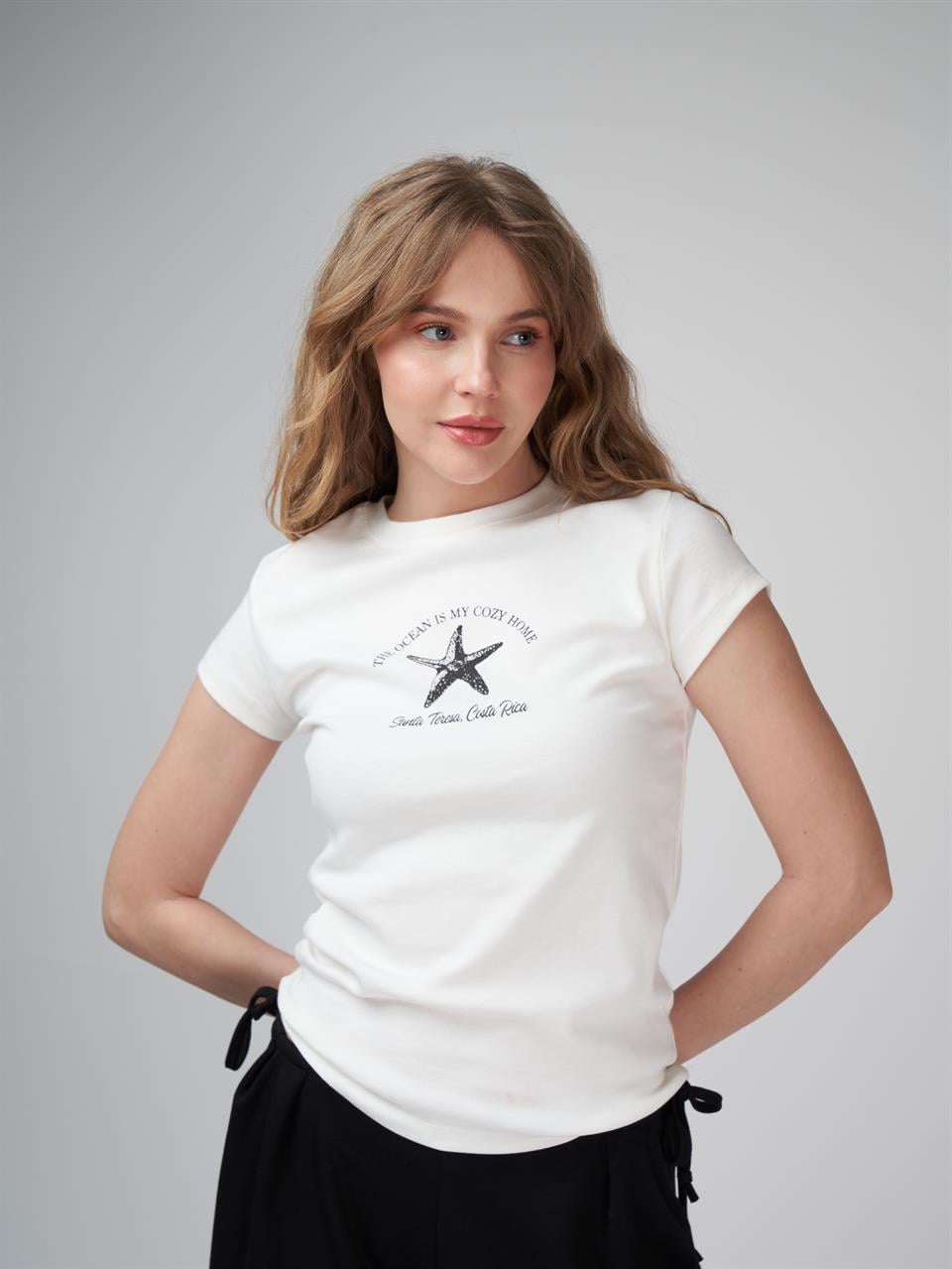 Baskılı Kısa Kol Bluz Ekru