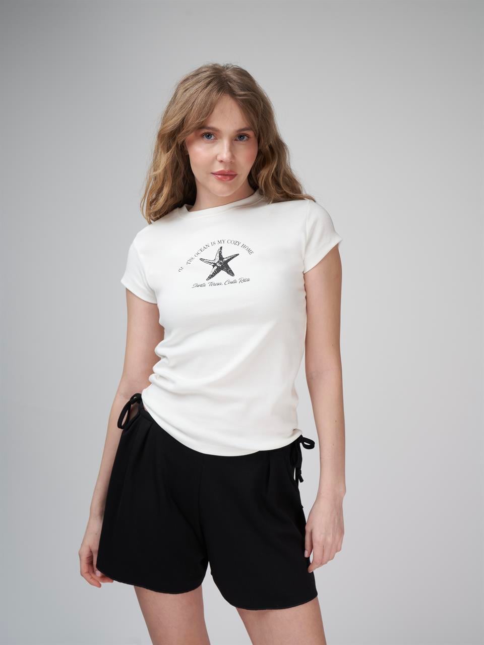 Baskılı Kısa Kol Bluz Ekru