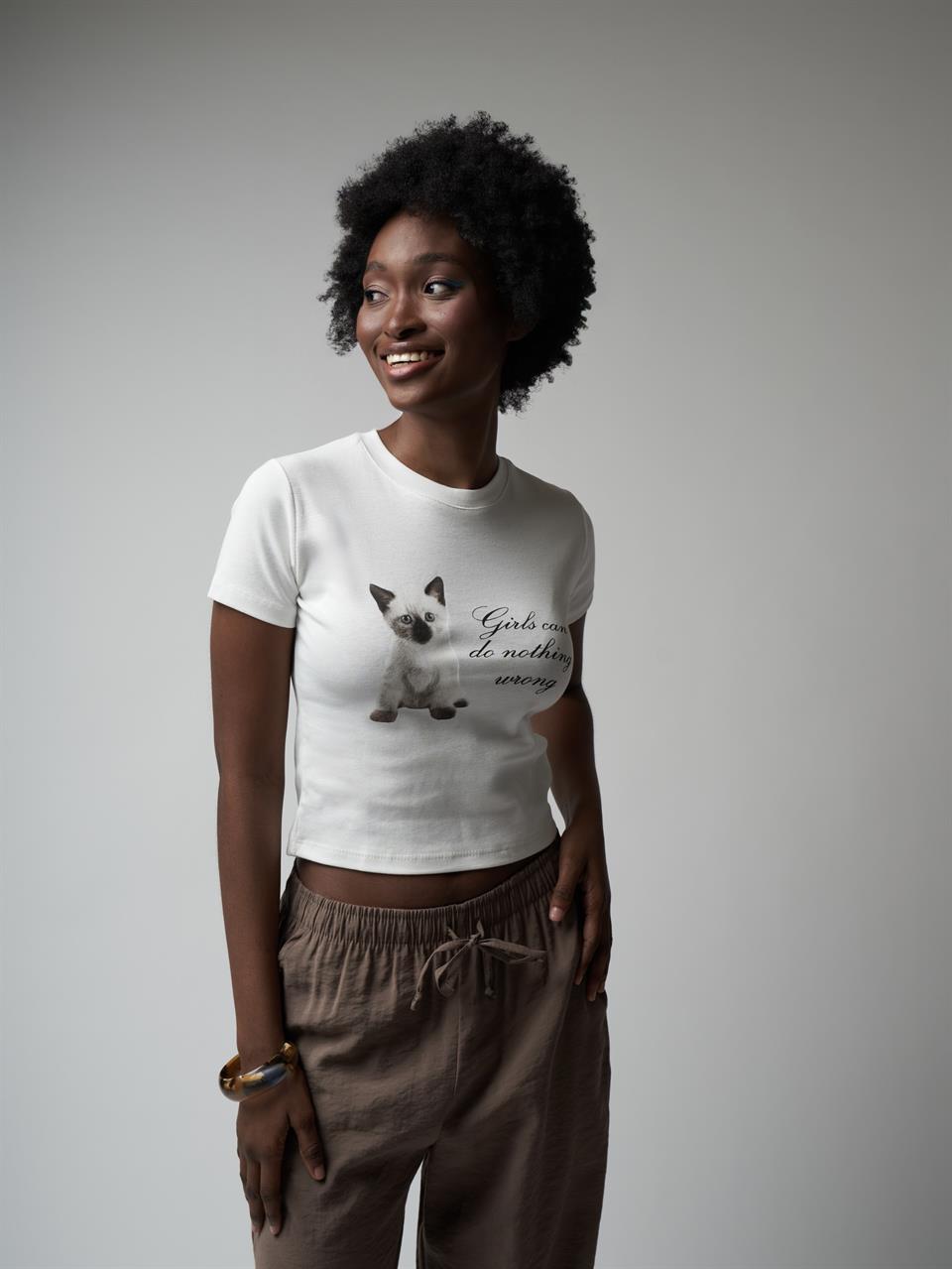 Baskılı Kısa Kol Bluz Ekru