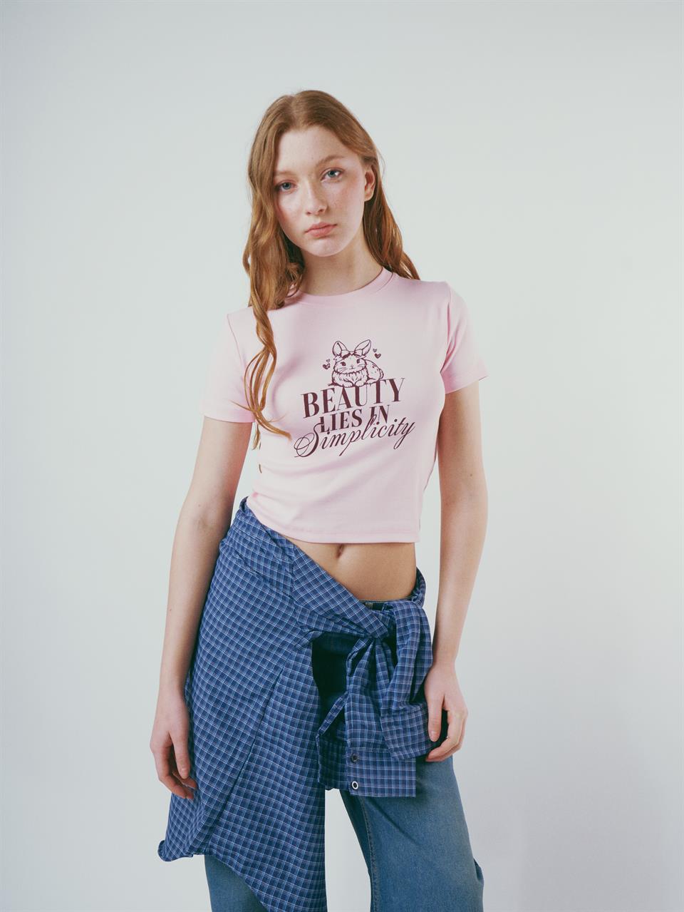 Baskılı Kısa Kol Bluz Toz Pembe