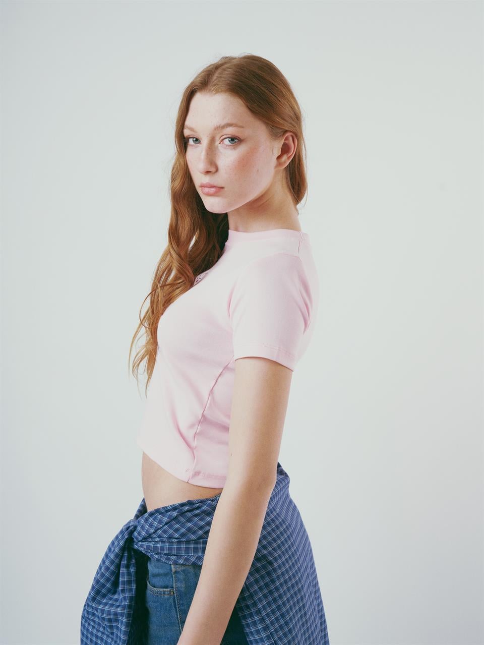 Baskılı Kısa Kol Bluz Toz Pembe