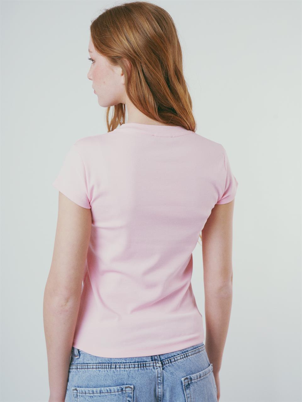 Baskılı Kısa Kol Bluz Toz Pembe