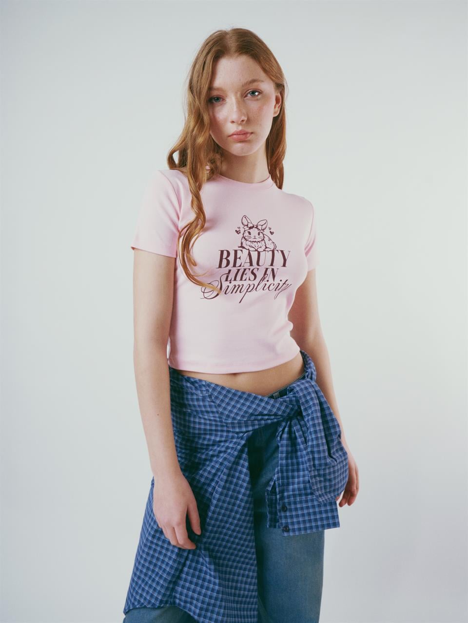 Baskılı Kısa Kol Bluz Toz Pembe