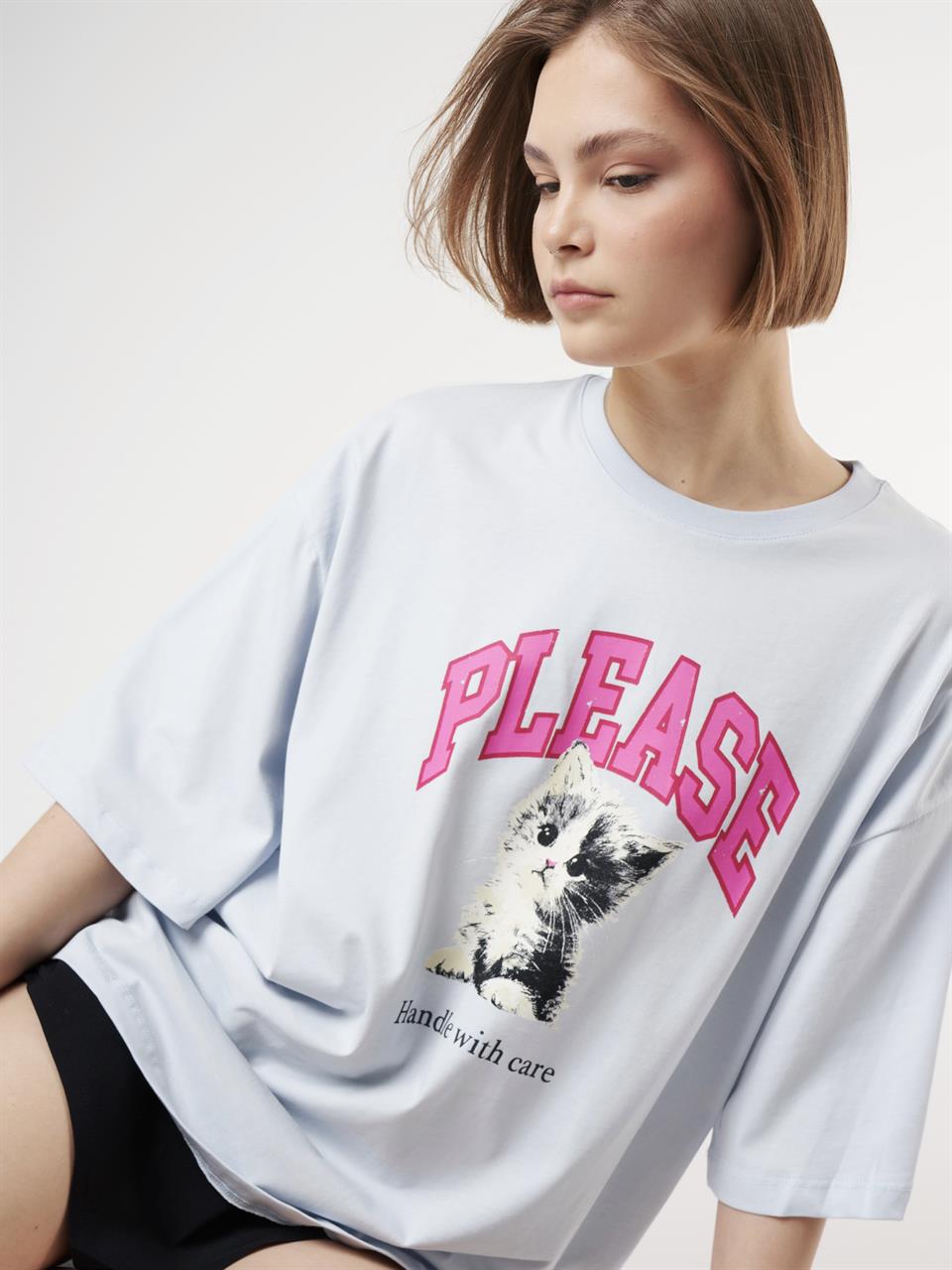 Baskılı Kısa Kol Oversize T-shirt Bebe Mavi