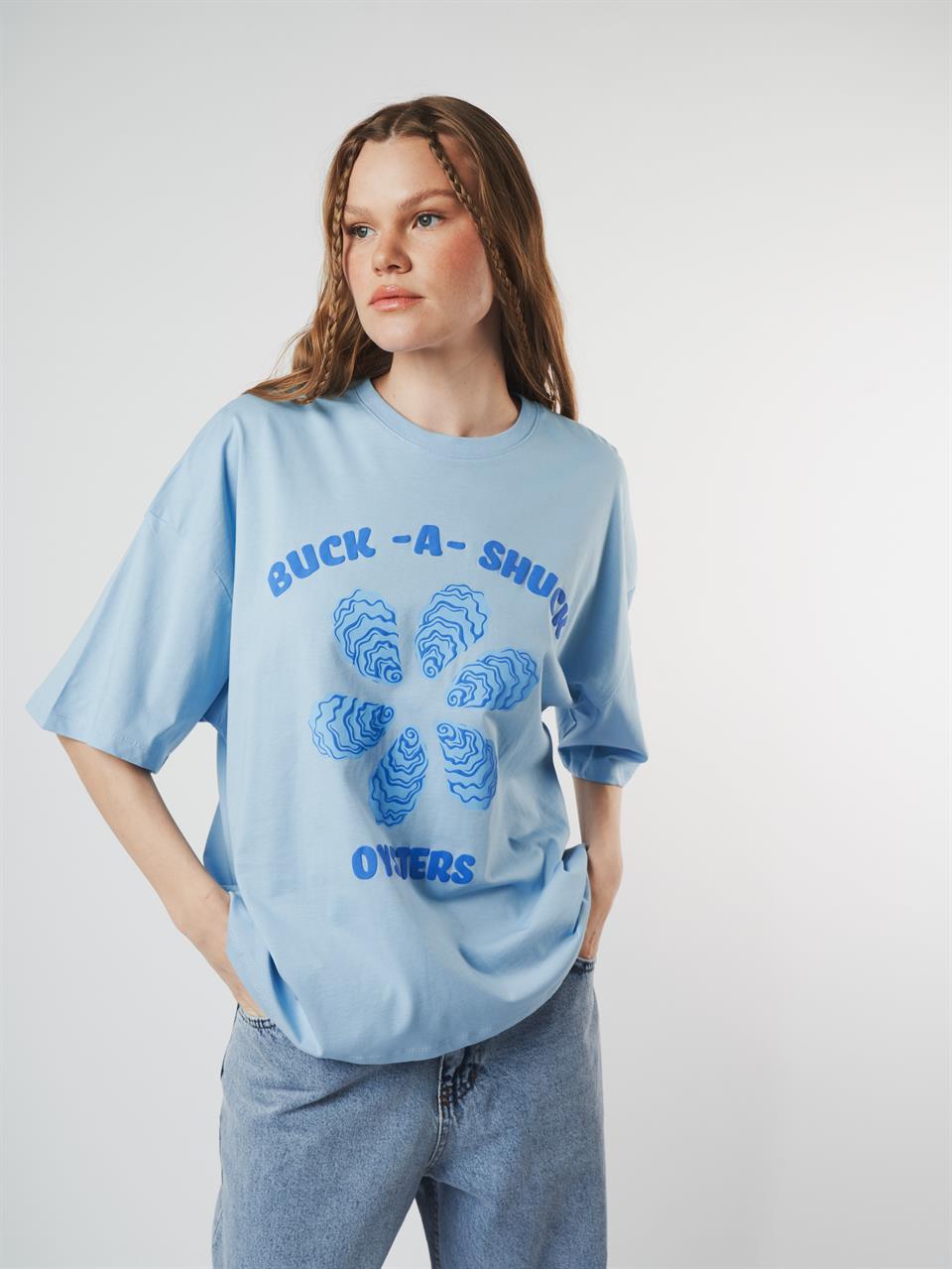 Baskılı Kısa Kol Oversize T-shirt Bebe Mavi