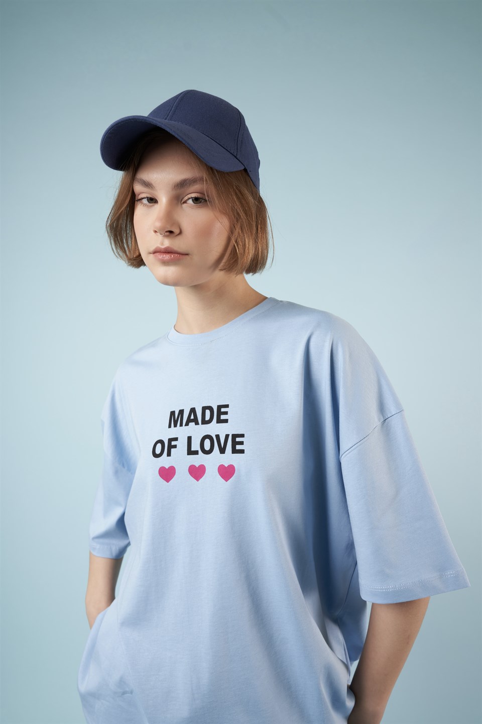 Baskılı Kısa Kol Oversize T-shirt Bebe Mavi