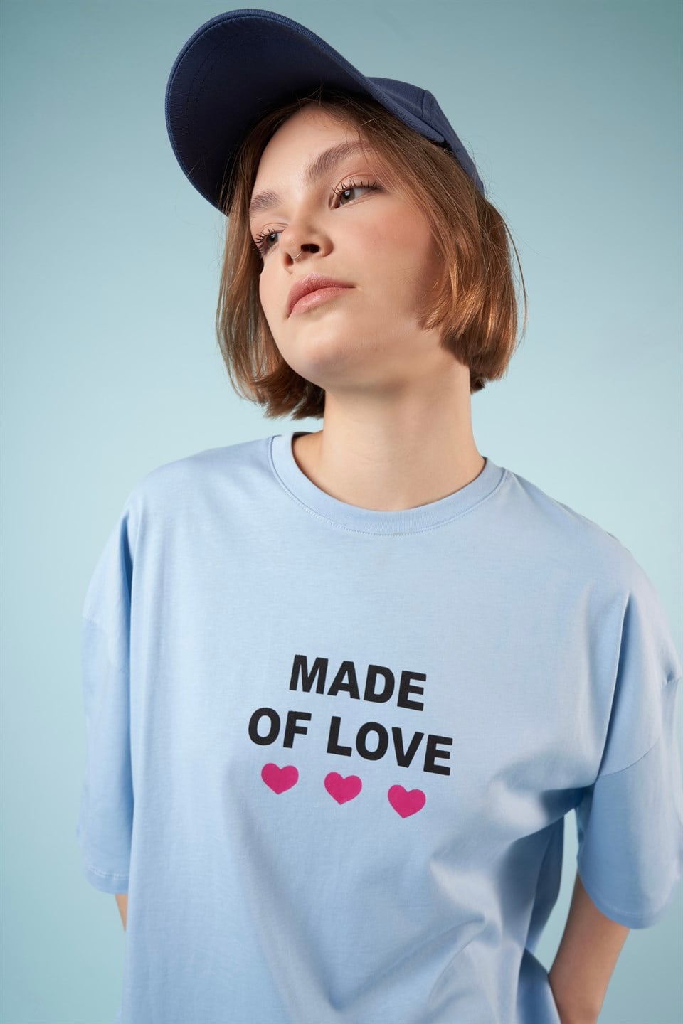 Baskılı Kısa Kol Oversize T-shirt Bebe Mavi