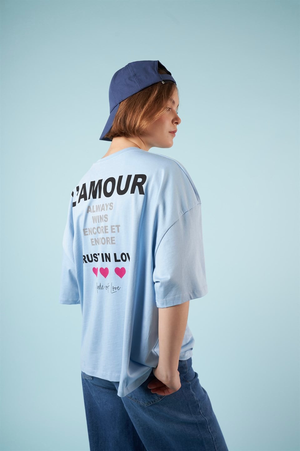 Baskılı Kısa Kol Oversize T-shirt Bebe Mavi