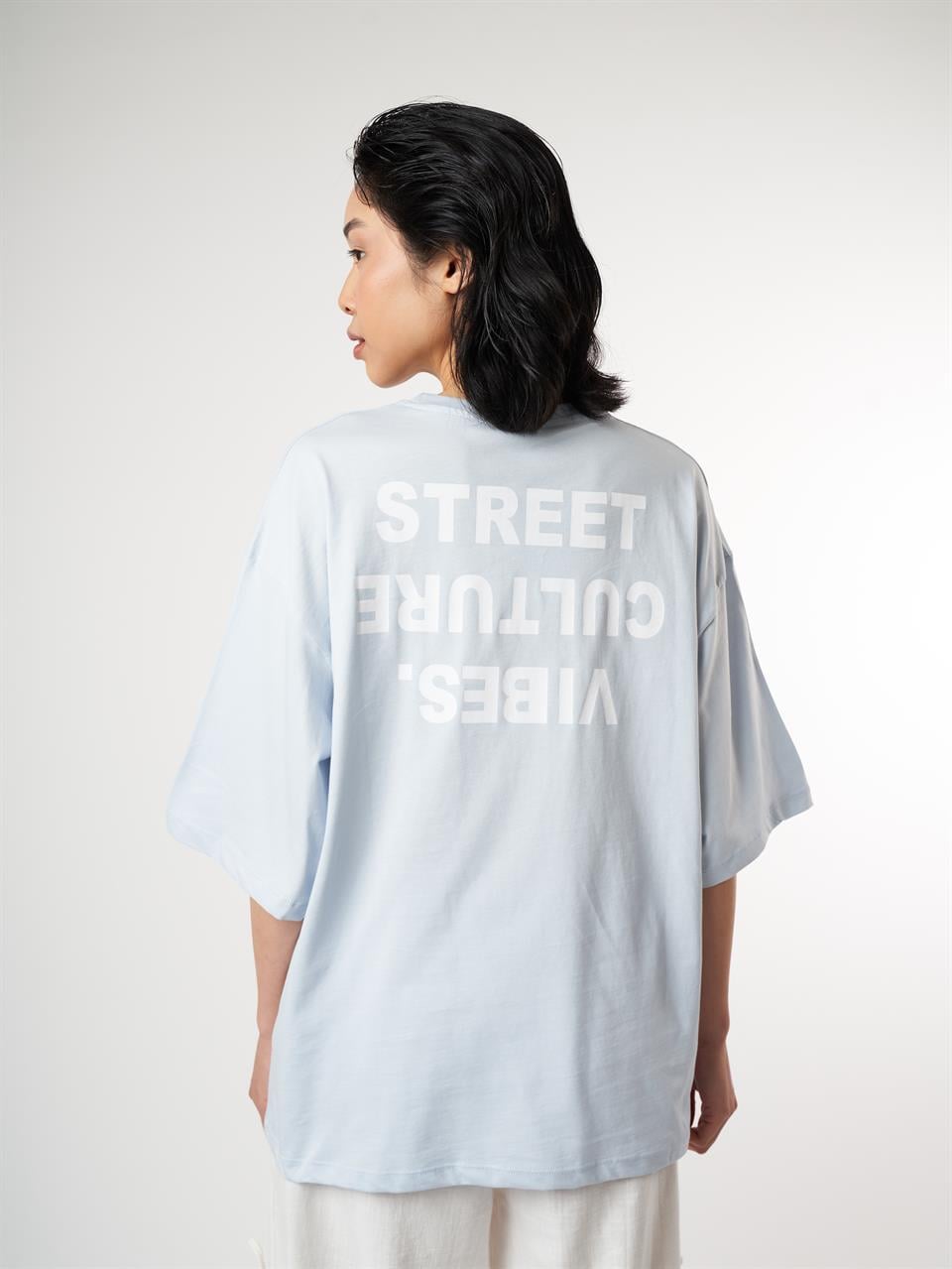 Baskılı Kısa Kol Oversize T-shirt Bebe Mavi
