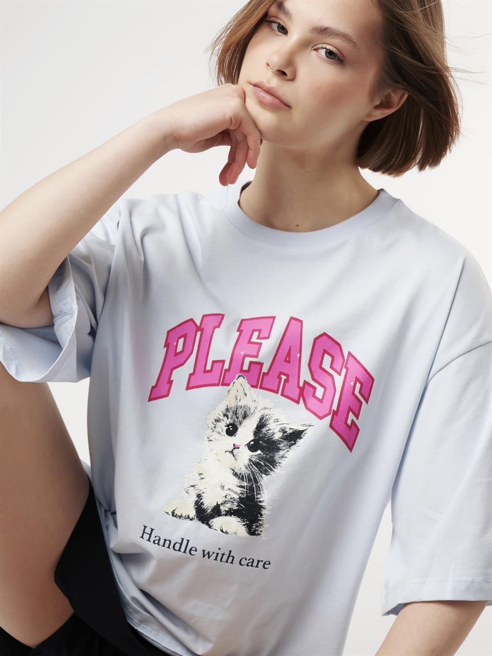Baskılı Kısa Kol Oversize T-shirt Bebe Mavi