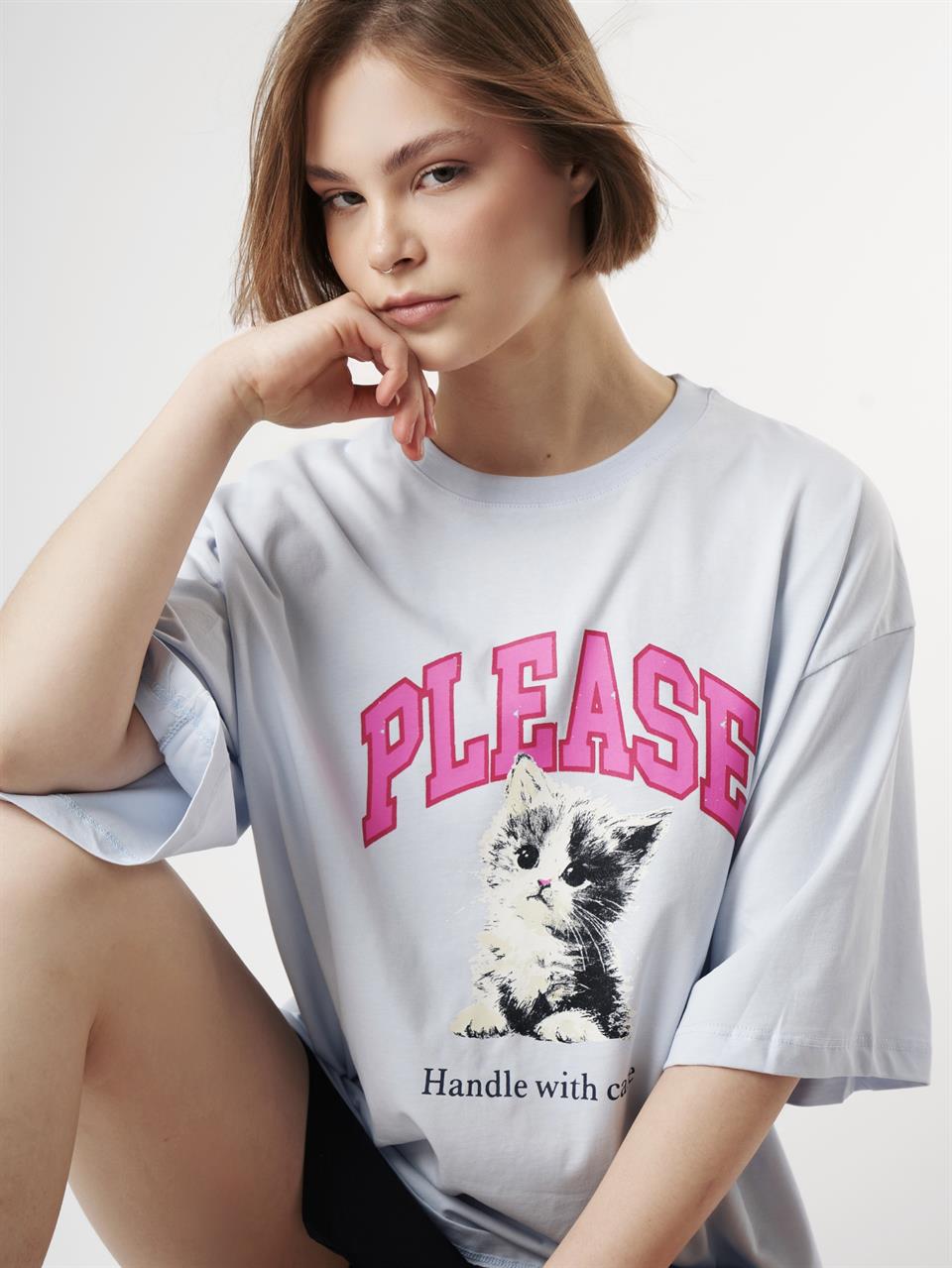 Baskılı Kısa Kol Oversize T-shirt Bebe Mavi
