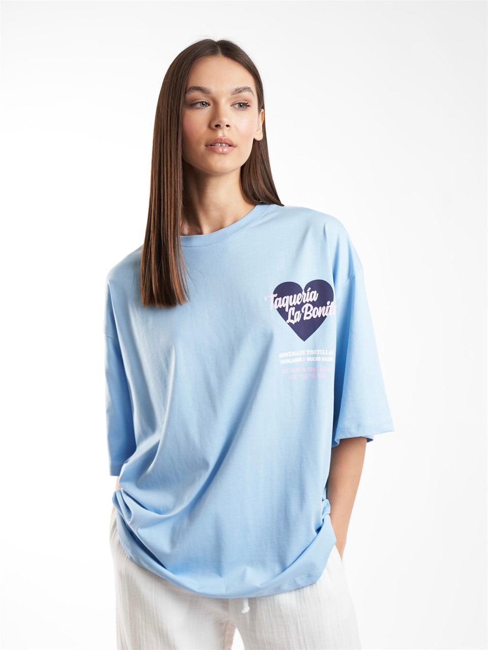 Baskılı Kısa Kol Oversize T-shirt Bebe Mavi