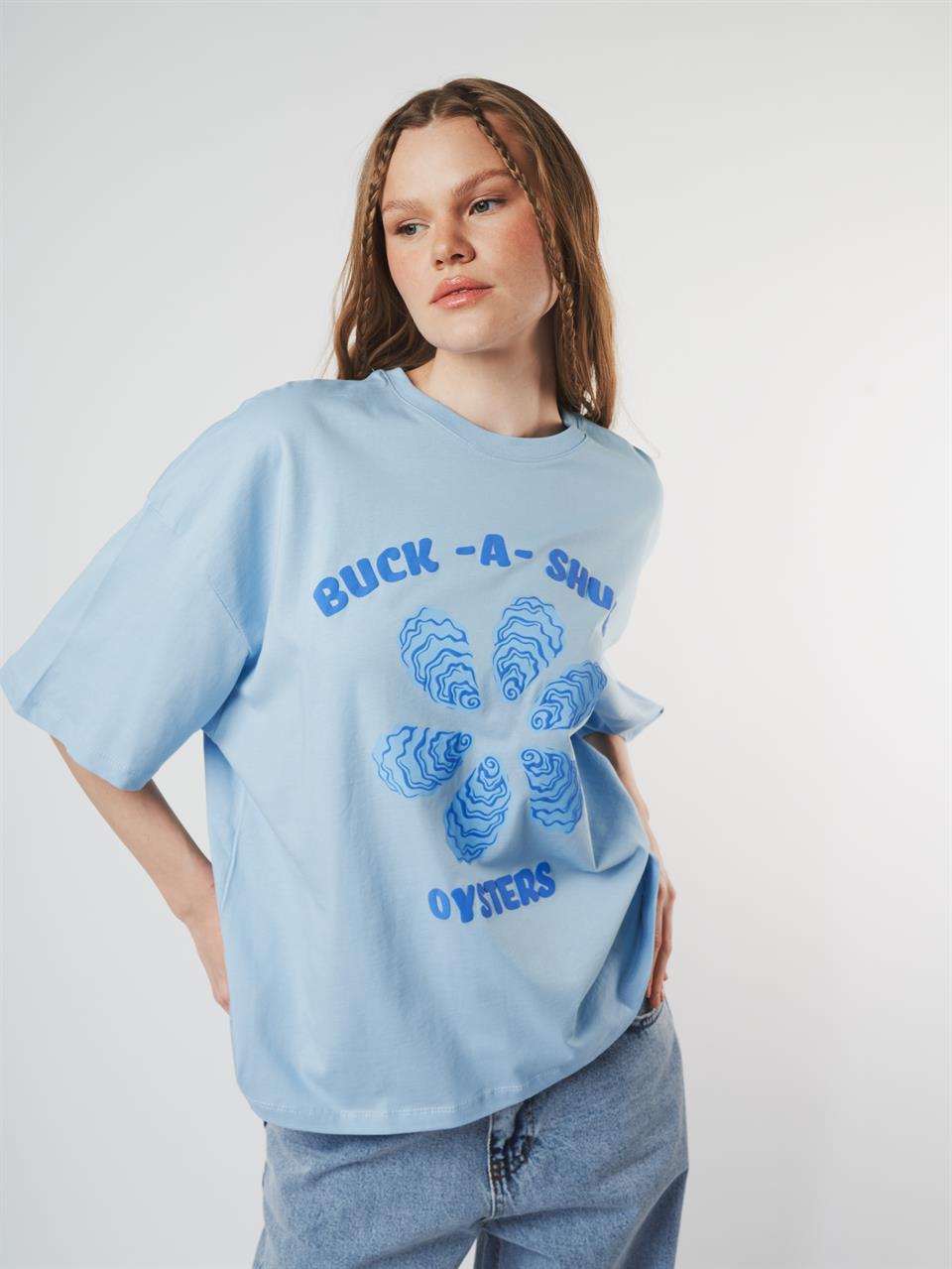 Baskılı Kısa Kol Oversize T-shirt Bebe Mavi