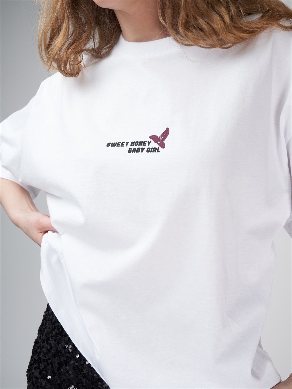 Baskılı Kısa Kol Oversize T-shirt Beyaz