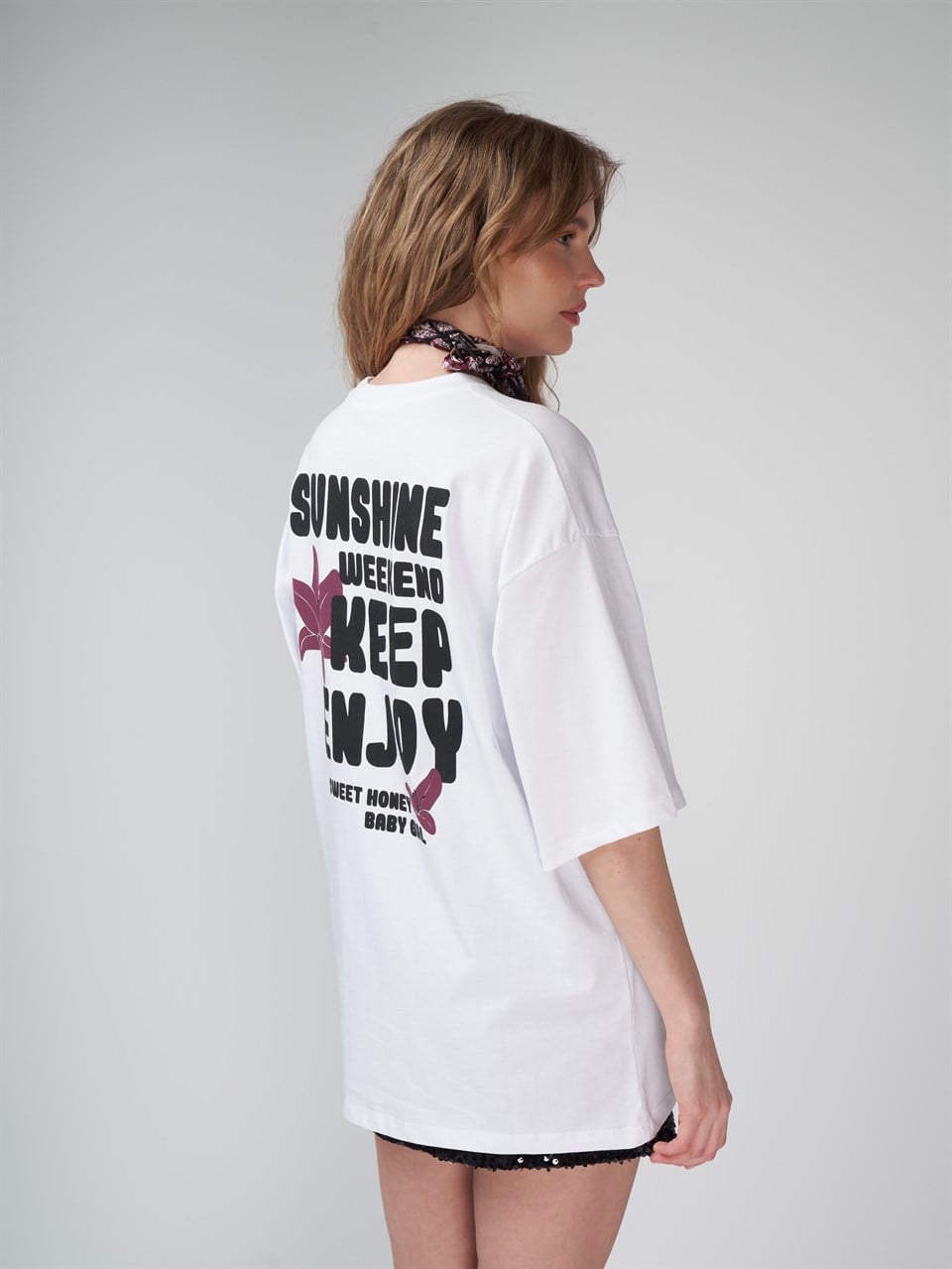 Baskılı Kısa Kol Oversize T-shirt Beyaz