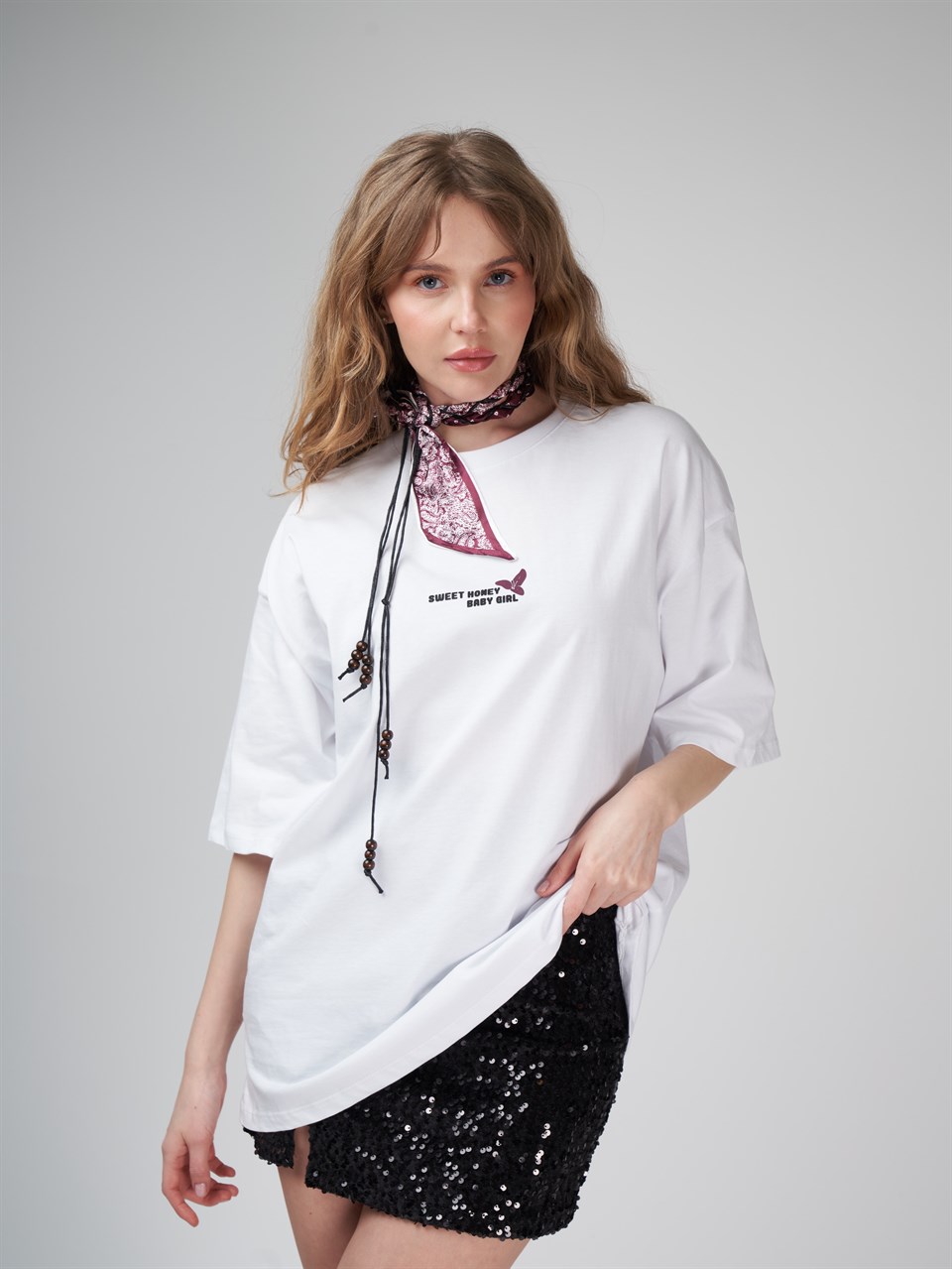 Baskılı Kısa Kol Oversize T-shirt Beyaz