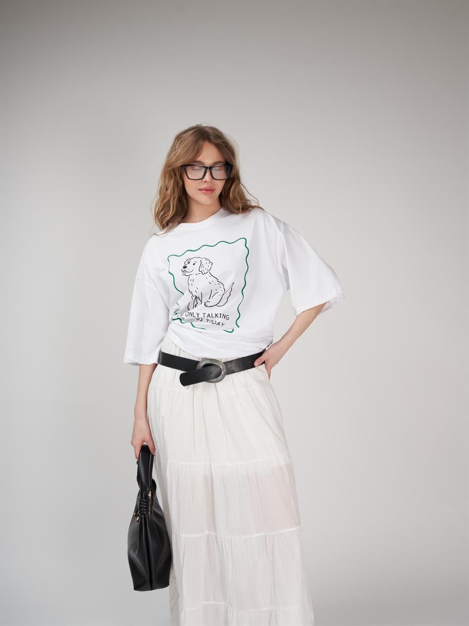 Baskılı Kısa Kol Oversize T-shirt Beyaz