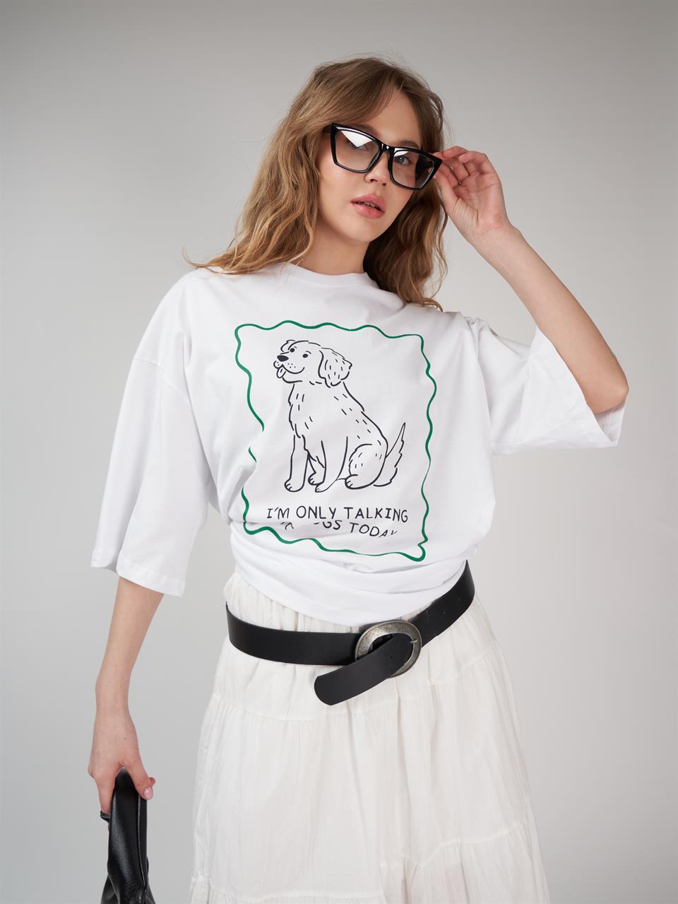 Baskılı Kısa Kol Oversize T-shirt Beyaz
