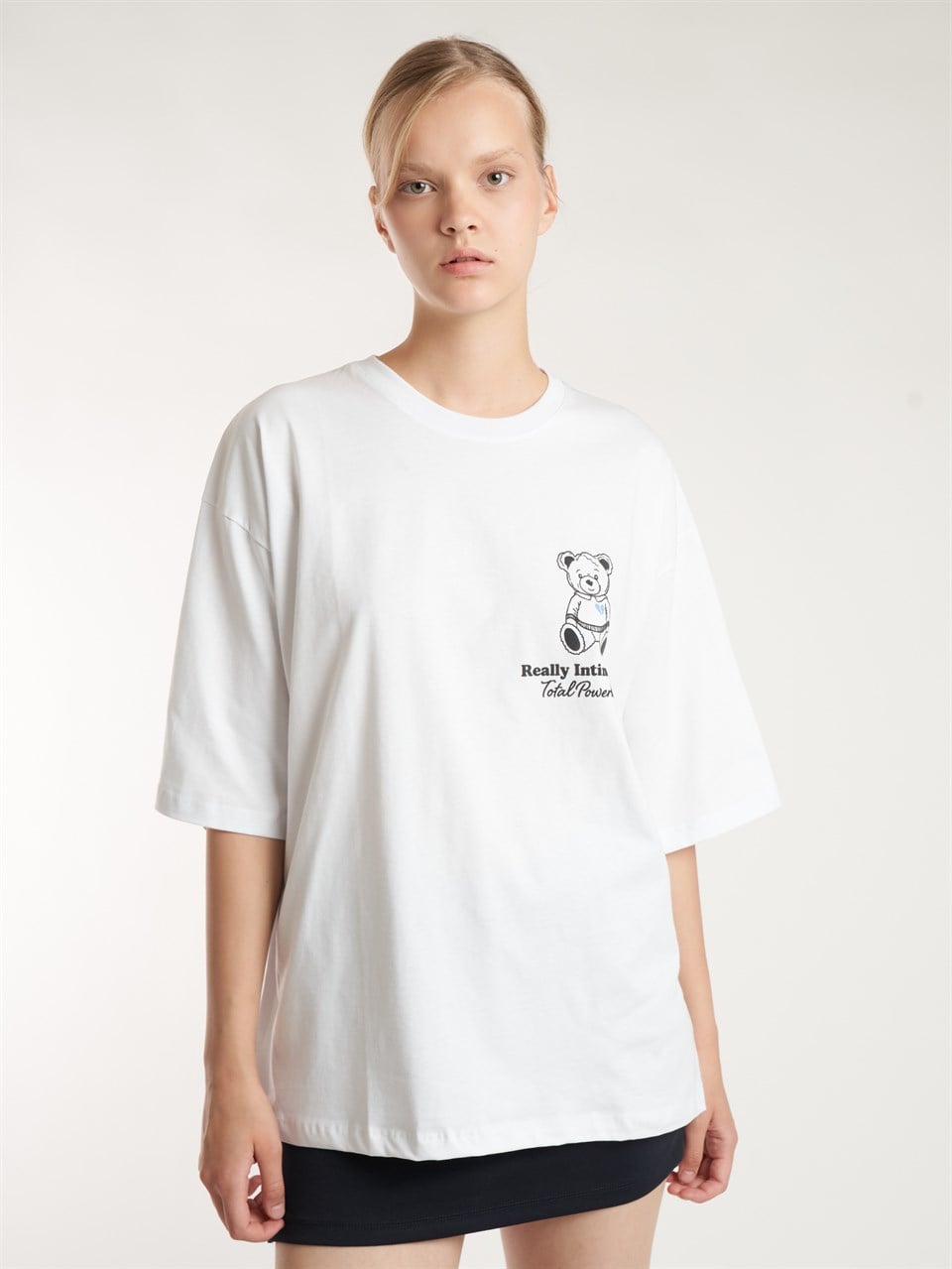 Baskılı Kısa Kol Oversize T-shirt Beyaz