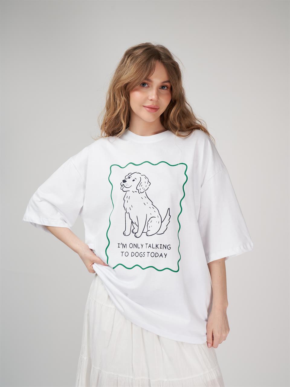 Baskılı Kısa Kol Oversize T-shirt Beyaz