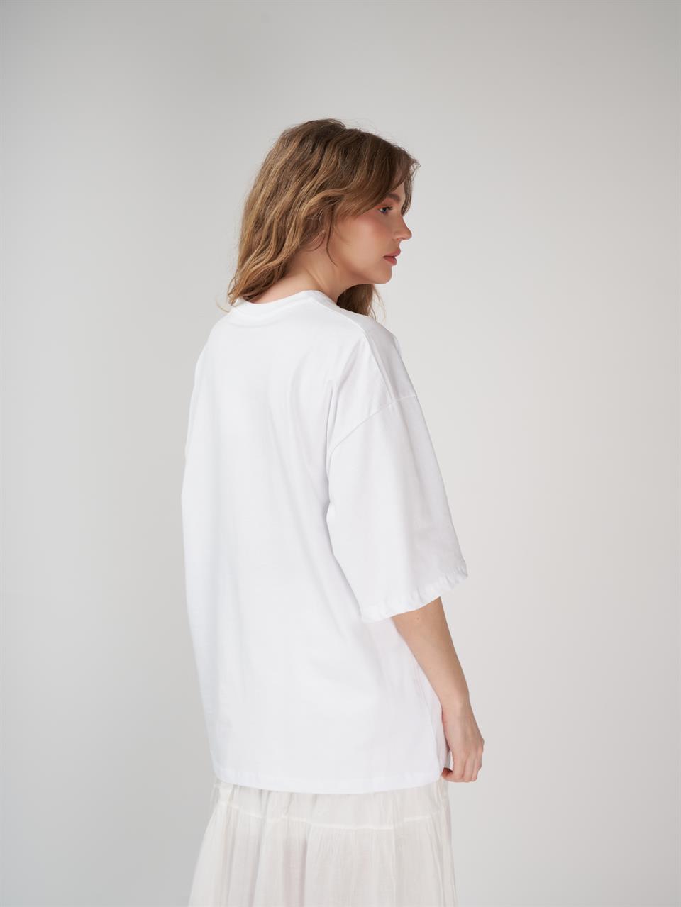 Baskılı Kısa Kol Oversize T-shirt Beyaz