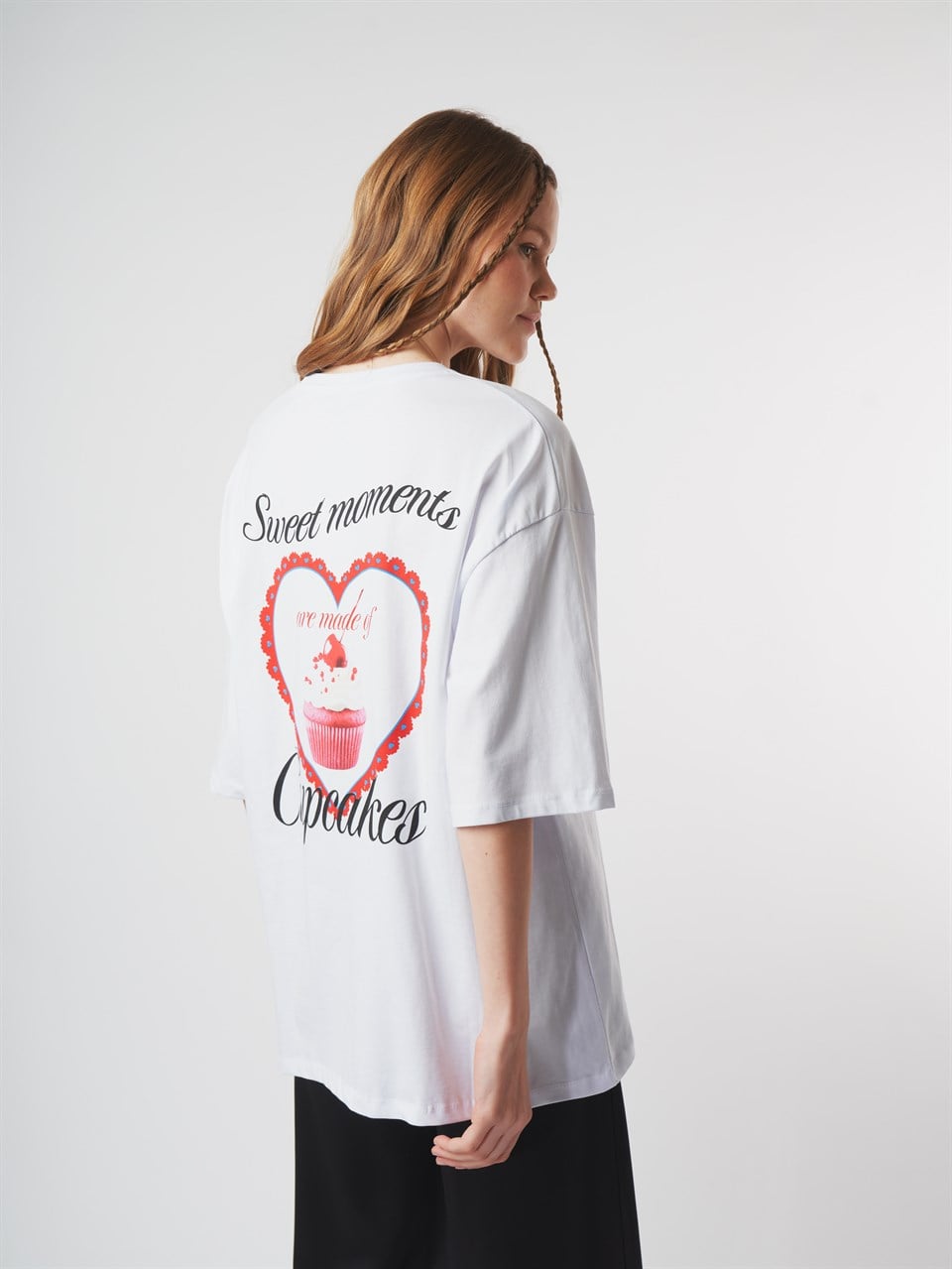 Baskılı Kısa Kol Oversize T-shirt Beyaz