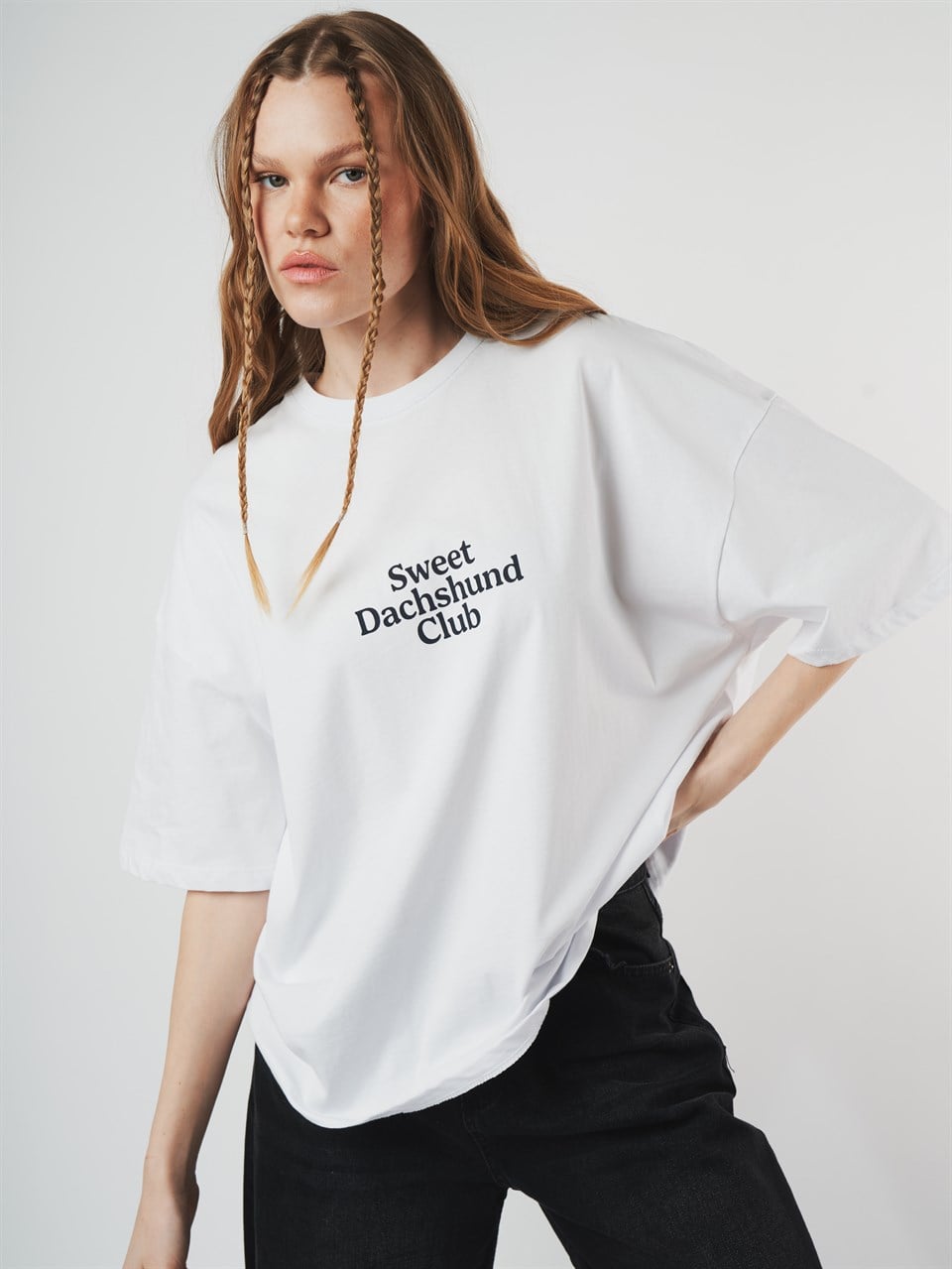 Baskılı Kısa Kol Oversize T-shirt Beyaz