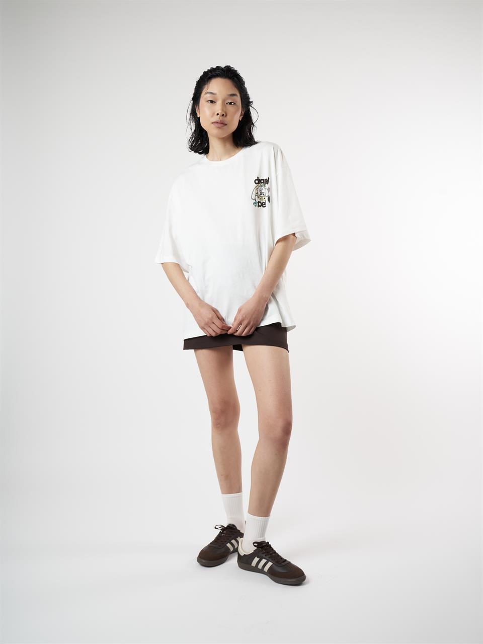 Baskılı Kısa Kol Oversize T-shirt Ekru