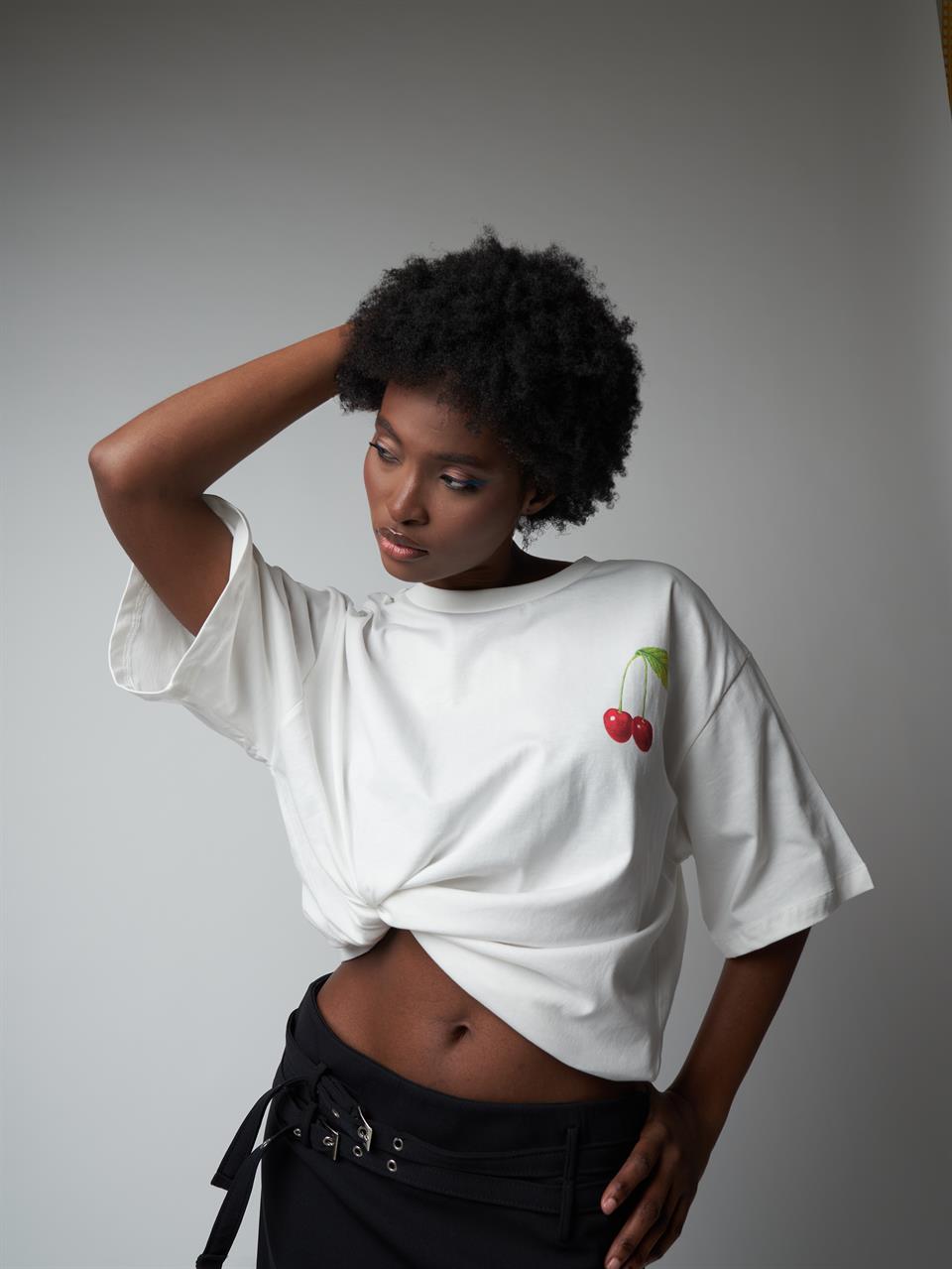 Baskılı Kısa Kol Oversize T-shirt Ekru